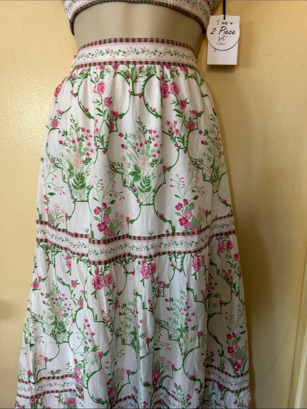 Japna White Floral Crop Top and Maxi Skirt Set with Pink and Green Print - Picture 4 of 12
